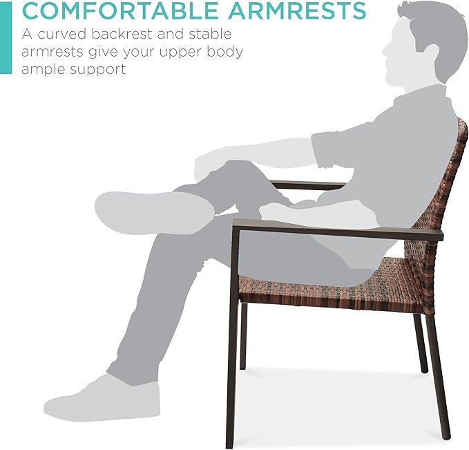 Best Choice Products Set of 2 Stackable Outdoor Wicker Dining Chairs All-Weather Firepit Armchair w/Armrests, Steel Frame for Patio, Deck, Garden, Yard - Light Brown - Image 5