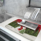 Christmas Dish Drying Mat for Kitchen Counter Red Xmas Snowman Trees Birds - Image 5