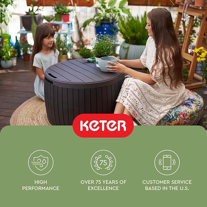 Keter Circa 37 Gallon Deck Box Organizer, Works as Ottoman Chair or Side Table, Brown – Large Resin Round Outdoor Storage and Seating for Garden, Pool, and Patio - Image 14