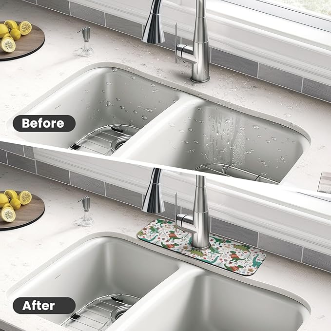 Dinosaur Christmas Happy New Year Kitchen Sink Splash Guard Faucet Mat Super - Image 4
