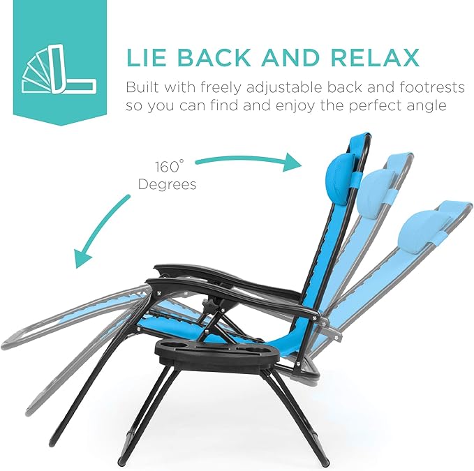 Best Choice Products Set of 2 Adjustable Steel Mesh Zero Gravity Lounge Chair Recliners w/Pillows and Cup Holder Trays - Light Blue - Image 3