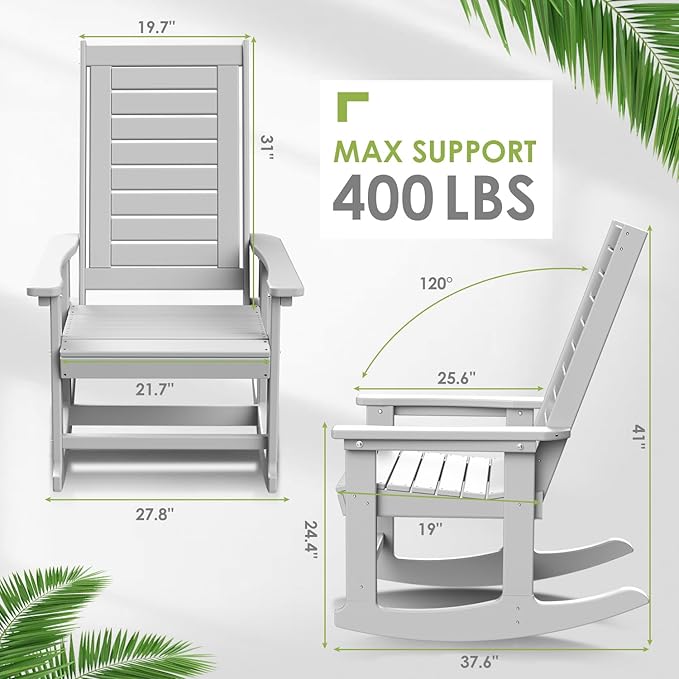 GREENVINES Outdoor Rocking Chairs | Set of 4 | Porch Rocker | HDPE Plastic | White | Oversized Rockers | High Back | Big & Tall | Ladder Back | for Patio Outside Backyard Balcony Garden - Image 3