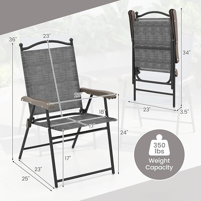 Giantex Set of 2 Patio Folding Chairs, Outdoor Patio Dining Chairs w/Armrest, Sling Back, Metal Frame, Outside Use for Lawn Camping Garden Pool Beach Yard Lounge, No Assembly, Grey - Image 3