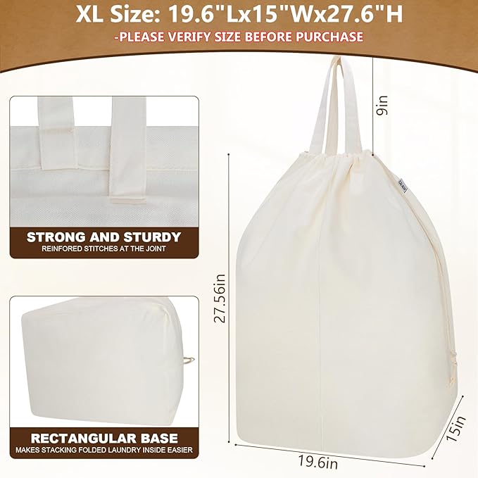 Canvas Laundry Bags with Handles & Rectangular Base, 90L Extra Large Heavy Duty - Image 3