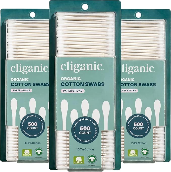 Cliganic Organic Cotton Swabs, Chlorine-Free Hypoallergenic, Gentle & Absorbent by Cliganic