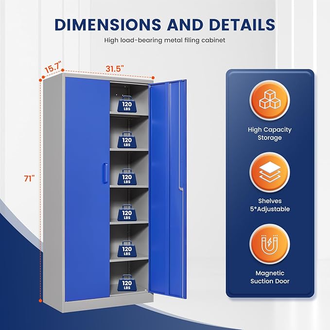 Yizosh Metal Garage Storage Cabinet with 2 Doors and 5 Adjustable Shelves - 71" Steel Lockable File Cabinet,Locking Tool Cabinets for Office,Home,Garage,Gym,School (Gray Blue) - Image 3