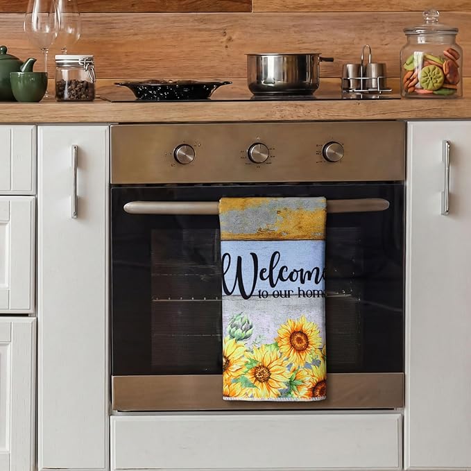 Bencailor 4 Pcs Sunflower Kitchen Towels Farmhouse Wood Grain Hand Dish Towels - Image 7