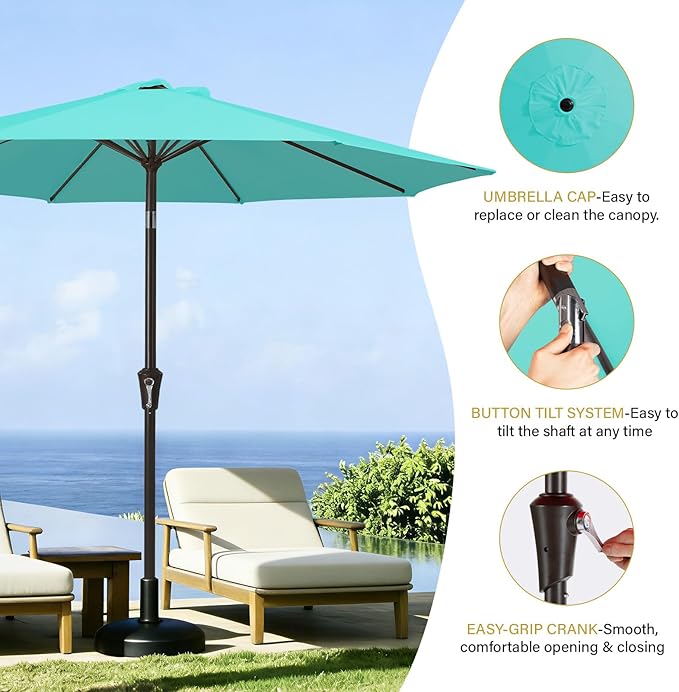 MEWAY 9ft Patio Umbrella Outdoor Table Umbrellas with Push Button Tilt and Crank, Market Umbrella 8 Sturdy Ribs for Deck, Garden, Pool and Backyard, Turquoise - Image 5