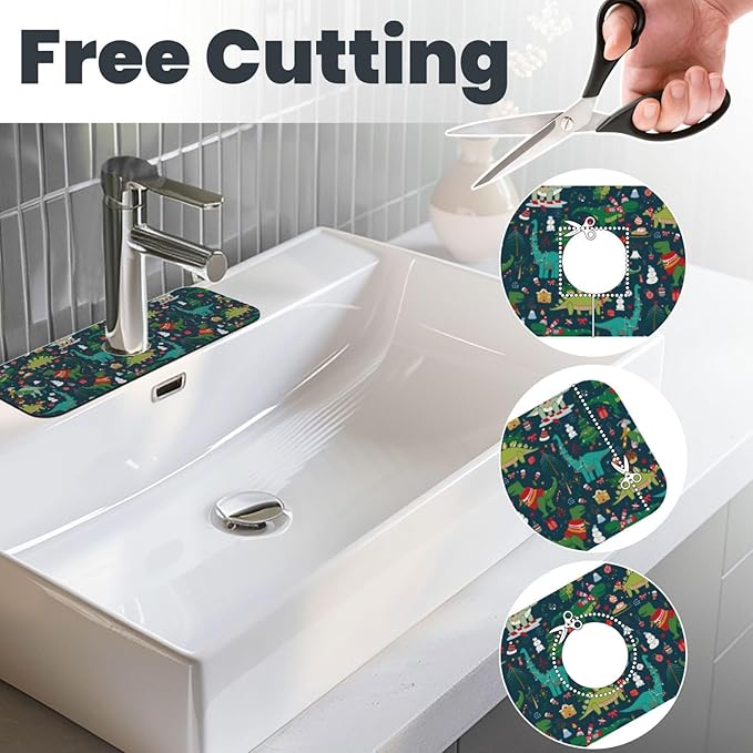 Christmas Dinosaur Tree Xmas Green Kitchen Sink Splash Guard Faucet Mat 1 Pcs - Image 3