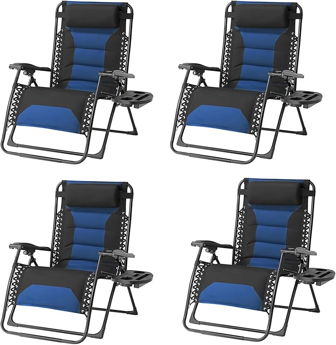 Zero Gravity Chair Set of 4 Oversized Folding Recliner, Padded Anti Gravity Lounge Chair with Adjustable Pillow & Cup Holder for Outdoor Camping, Patio, Poolside, Lawn (Black & Blue) by Unknown