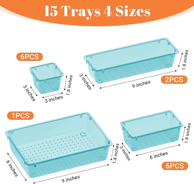 15 PCS Clear Plastic Drawer Organizer Set, 4-Size Acrylic Drawer Storage Trays - Image 3