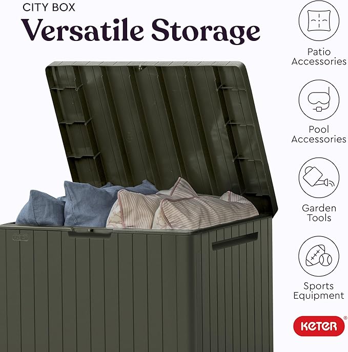 Keter City 30 Gallon Resin Outdoor Storage Box & Patio Side Table for Balcony, Pool, Deck & Garden Accessories, Weather‑Resistant, Mossy Brown - Image 5