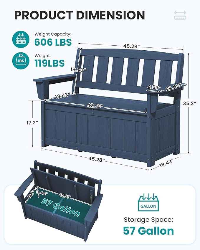 SERWALL HDPE Outdoor Storage Bench, All-Weather, UV-Resistant Deck Box with Waterproof Storage Bags, 57 Gallon Dual-Use Seat & Organizer Deck Boxes for Patio, Garden Tools & Pool (Navy Blue) - Image 3