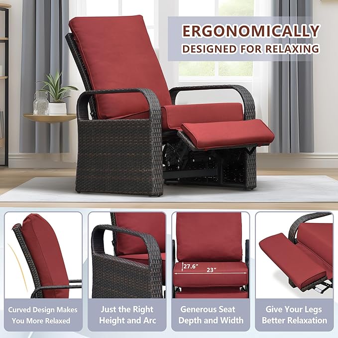 Outdoor Recliner, Outdoor Resin Wicker Patio Recliner Chair with 5.5'' Cushions, Patio Furniture Auto Adjustable Rattan Sofa, UV/Fade/Water/Sweat/Rust Protected, Easy to Assemble (Red) - Image 5