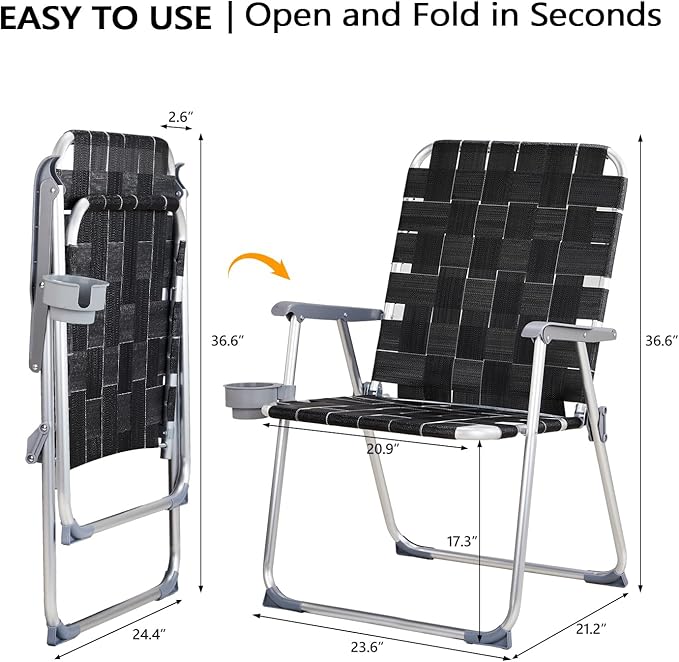 VINGLI Aluminum Oversize Patio Lawn Chairs Folding Set of 2 with Detachable Cup Holder, Webbed Beach Chair Folding Chair Outdoor Portable Camping Chair for Yard, Garden - Image 3