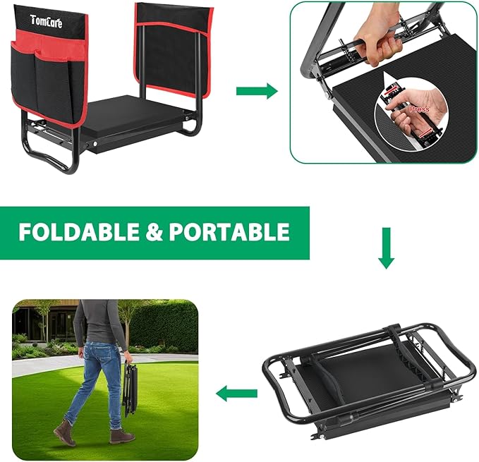 TomCare Garden Kneeler and Seat 10.64” Wider Larger Soft Kneeling Pad Garden Bench with 2 Large Tool Pouches Heavy Duty Garden Stool Foldable Tools Gardening Gifts for Women Men Gardeners,Black - Image 5
