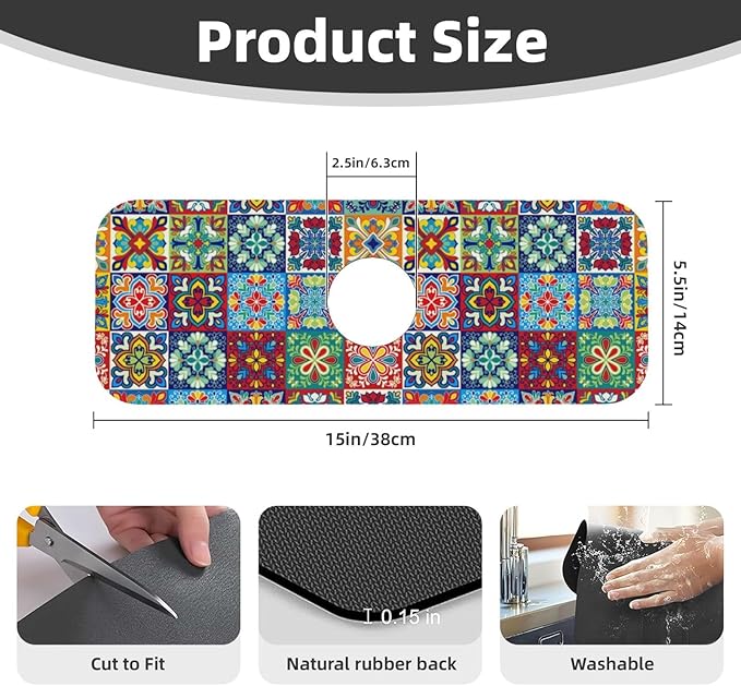 Talavera Mexican Ceramic Tiles Boho Kitchen Sink Splash Guard Faucet Mat 1 Pcs - Image 2