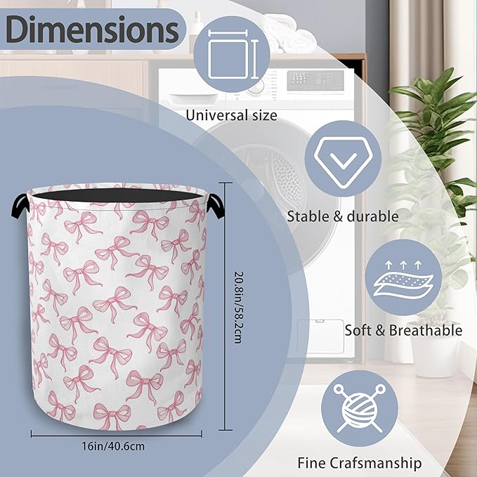 Cute Pink Bow Laundry Basket, Foldable Oxford Cloth Tote Bag Laundry Hamper - Image 2