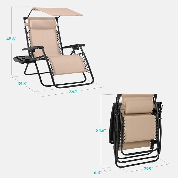 Best Choice Products 30” Wide Folding Zero Gravity Outdoor Recliner Patio Lounge Chair w/Adjustable Canopy Shade, Headrest, Side Accessory Tray - Beige - Image 2