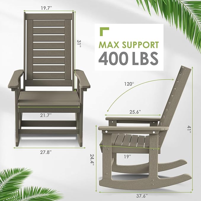 GREENVINES Outdoor Rocking Chairs | Set of 4 | Porch Rocker | HDPE Plastic | Wood Grain | Oversized Rockers | High Back | Big & Tall | Ladder Back | Desert Brown | for Patio Outside - Image 3