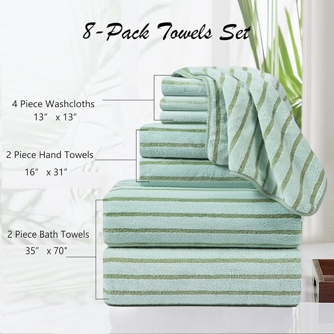 Oliven 8 Pcs Green Cabana Stripe Large Bath Towel Set Oversized Bath Sheet-2 - Image 3