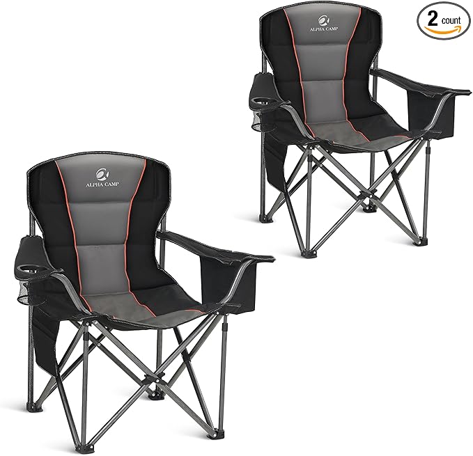ALPHA CAMP Heavy Duty Camping Chair 500LBS Capacity, Oversized Folding Chair for Heavy People, Padded Portable Outdoor Chair with Cooler Bag & Cup Holder for Camping, Fishing, Beach by ALPHACAMP