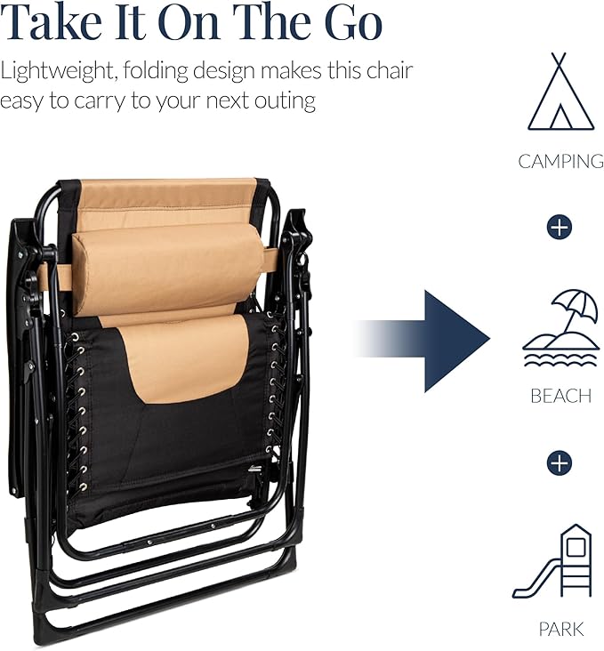 Best Choice Products Oversized Padded Zero Gravity Chair, Folding Outdoor Patio Recliner, XL Anti Gravity Lounger for Backyard w/Headrest, Cup Holder, Side Tray, Polyester Mesh - Tan - Image 5