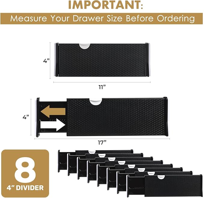 RAPTUROUS Adjustable Drawer Dividers 8 Pack, 4” High, 11-17” Long, Dresser - Image 2