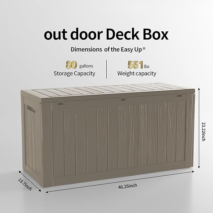 TARKARI 80 Gallon Lockable Resin Deck Box, Waterproof & UV-Resistant Outdoor Storage Box for Outdoor Cushion Storage, Garden Tools & Pool Accessories Storage, Coffee - Image 2