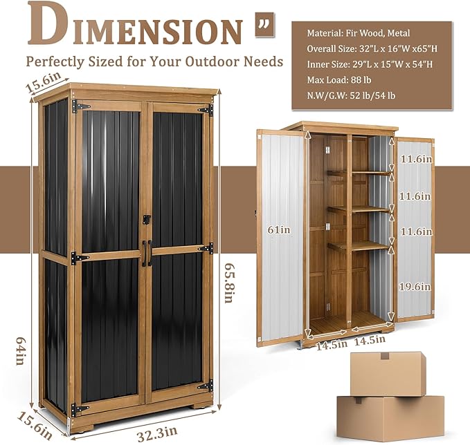 PetsCosset Outdoor Storage Cabinet, Wood & Metal Storage Shed with Weather-Resistant Roof, Removable Shelves, Lockable Doors, Outside Storage Tool Organizer for Garden, Patio, Backyard, Garage, Pool - Image 3