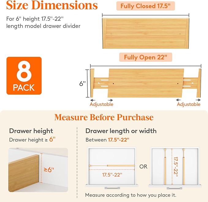Lifewit 6" High 8 Pack Bamboo Drawer Dividers 45-55cm/17.5-22" Adjustable - Image 2