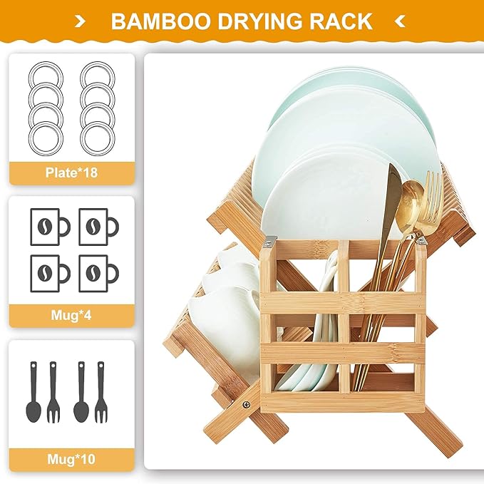 Bamboo Dish Drying Rack, 2 Tier Collapsible Dish Rack - Image 8