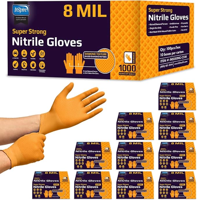 Inspire Heavy Duty Orange Nitrile Gloves | ULTRA 8 Mil Diamond Textured Grip | - Image 9