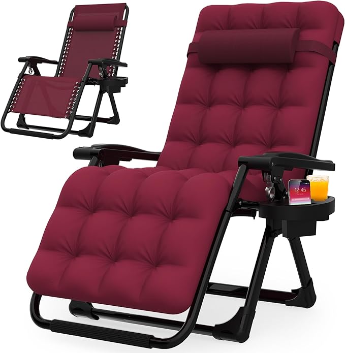 Suteck Zero Gravity Chair, Reclining Camping Lounge Chair w/Removable Cushion, Upgraded Lock and Cup Holder, Reclining Patio Chairs Folding Recliner for Indoor and Outdoor, Claret by Suteck