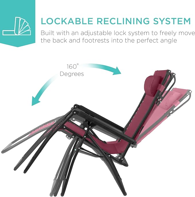 Best Choice Products 30” Wide Folding Zero Gravity Outdoor Recliner Patio Lounge Chair w/Adjustable Canopy Shade, Headrest, Side Accessory Tray - Burgundy - Image 6