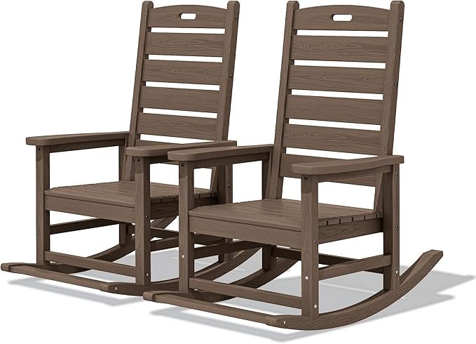 SERWALL Outdoor Rocking Chair Set of 2, Oversized Rocking Chair with Footboard for Adults, HDPE All Weather Resistant Rocking Chairs for Patio, 350lbs Weight Capacity,Coffee by SERWALL