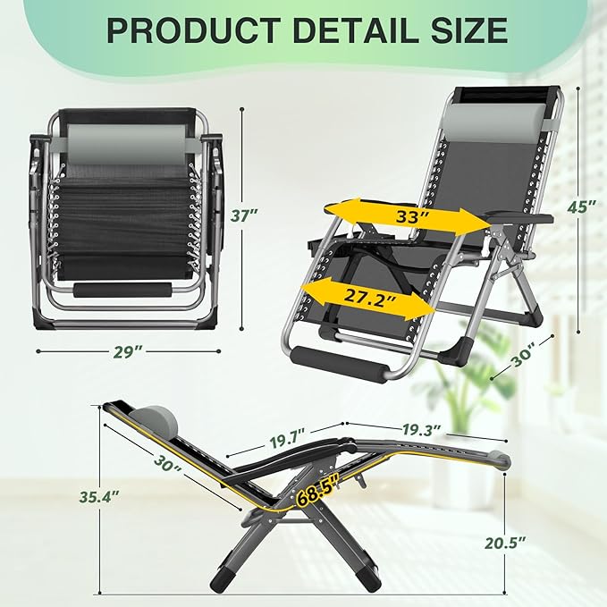 Suteck Oversized Zero Gravity Chair,33In XXL Outdoor Recliner Chair w/Removable Cushion&Headrest, Camping Lounge Chair w/Upgraded Lock&Footrest, Reclining Patio Chairs for Indoor Outdoor,500LBS - Image 2
