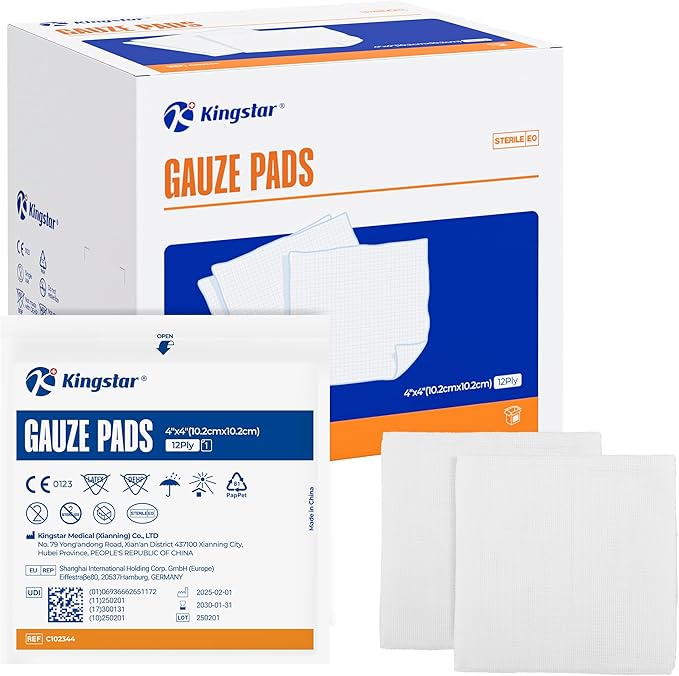 100 Pack Sterile Gauze Pads 4x4 Inch 12-Ply, 100% Cotton Large Gauze Sponges by Kingstar