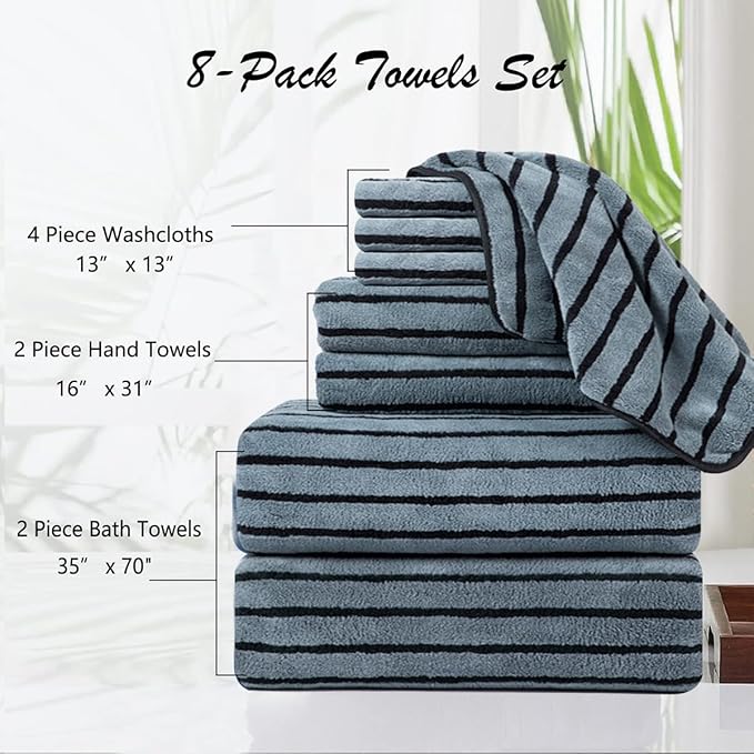 8 Pcs Grayish Blue Cabana Stripe Large Bath Towel Oversized Bath Sheet-2 - Image 3