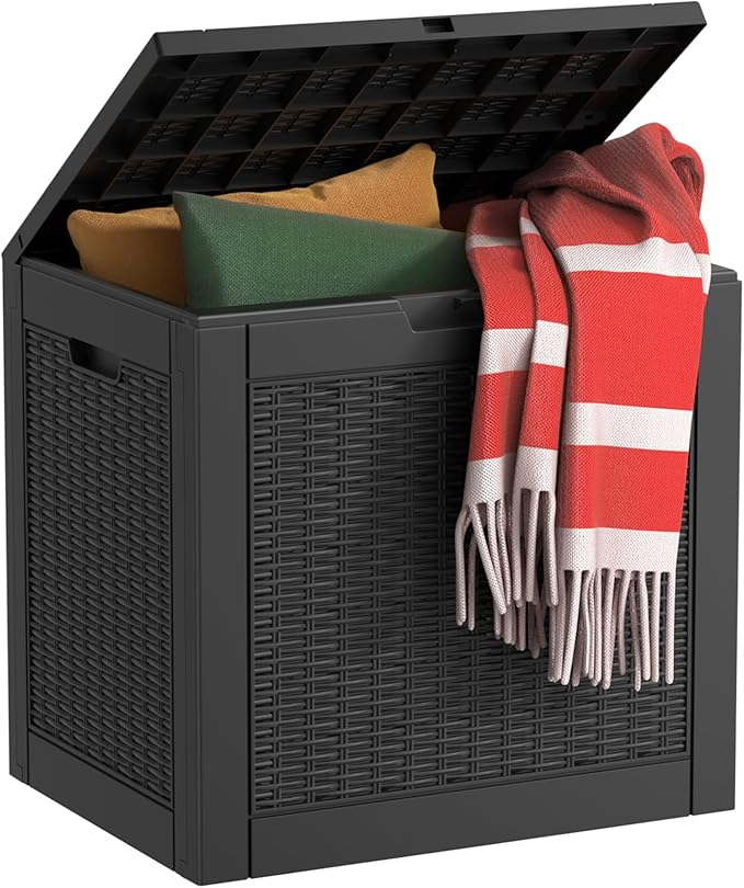 EasyUp 31 Gallon Resin Deck Box Waterproof, UV Resistant Outdoor Storage Box for Delivery, Patio, Garden,and Porch,Rattan Black by EASYUP