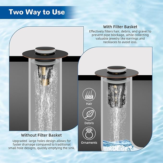 Hibbent Upgraded 3 in 1 Bathroom Sink Drain Strainer, Universal Pop Up Stopper - Image 4