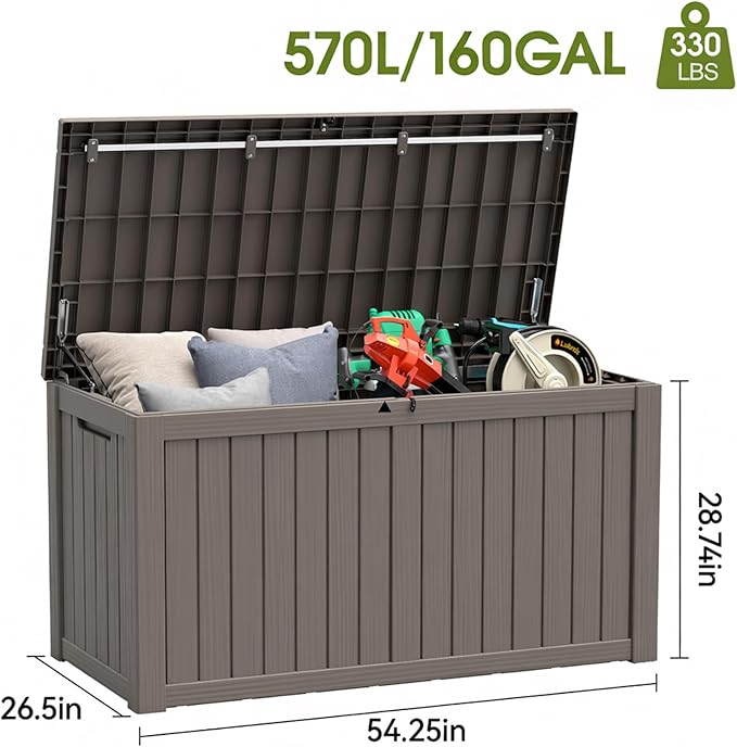 Outdoor Storage Box, Resin Deck Boxes Indoor and outdoor, Waterproof Storage Box Lockable Lid (Grey, 160 Gallon) - Image 3