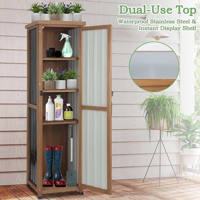 62" H Outdoor Corner Storage Cabinet with Lockable Doors, Outdoor Indoor Small Storage Cabinet with Metal Top, 3 Adjustable Shelves for Patio, Porch, Entryway or Small Spaces - Image 7