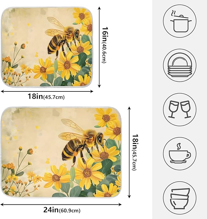 Honey Bee Dish Drying Mat for Kitchen Counter Absorbent Microfiber Large Drying - Image 2