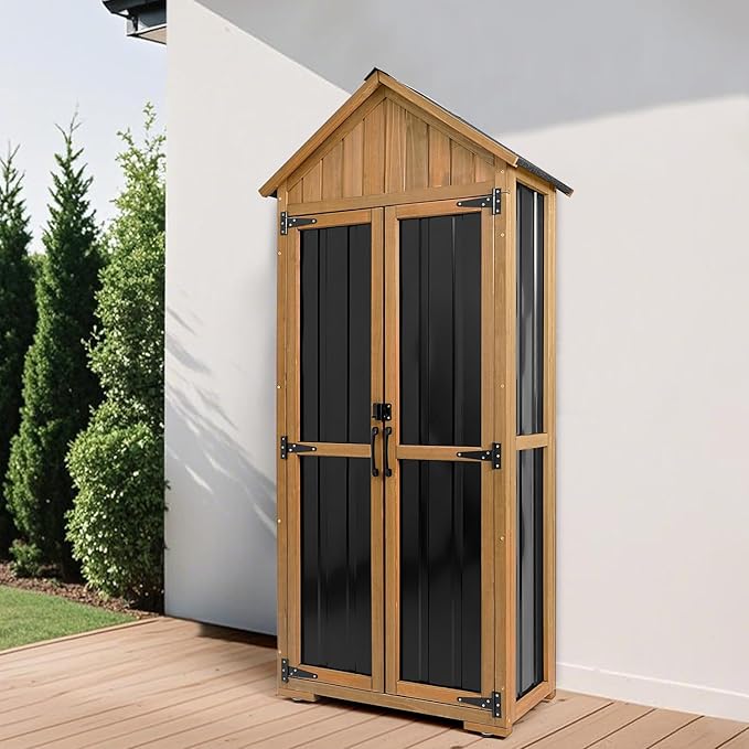 PetsCosset Outdoor Storage Cabinet Waterproof, Outdoor Storage Shed with Shelves, Wood & Metal Patio Backyard Garden Storage Cabinet Tool Organizer for Outside - Image 8