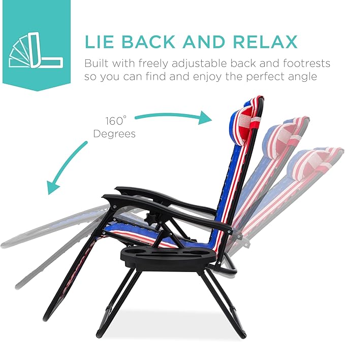 Best Choice Products Set of 2 Adjustable Steel Mesh Zero Gravity Lounge Chair Recliners w/Pillows and Cup Holder Trays - American Flag - Image 4