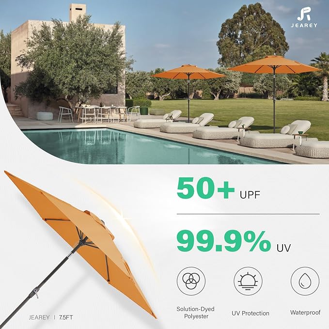 JEAREY 7.5FT Patio Umbrella Market Table Umbrella with 6 Sturdy Ribs, Push Button Tilt/Crank Outdoor Umbrella for Garden, Deck, Backyard, Pool and Beach,Tropical Orange - Image 4