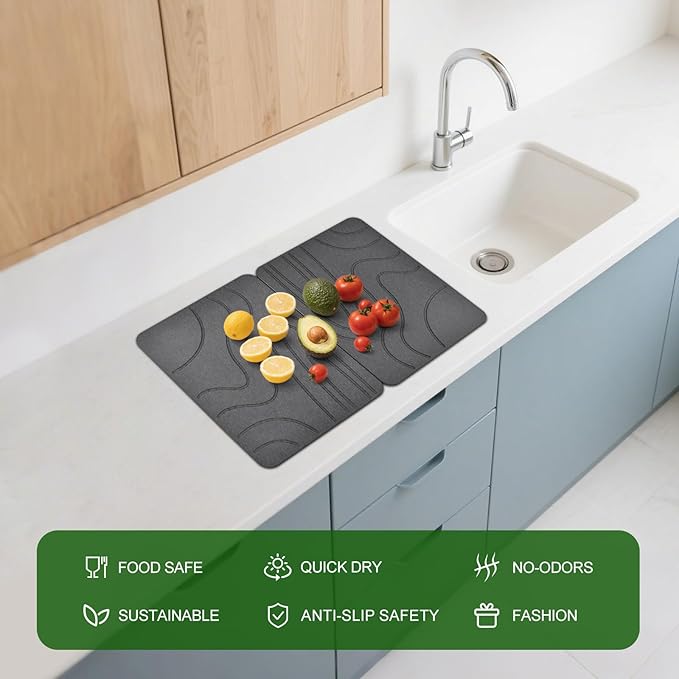 Stone Drying Mat for Kitchen Counter, 2 Pack 16''x12'' Quick Dish Drying Stone - Image 6