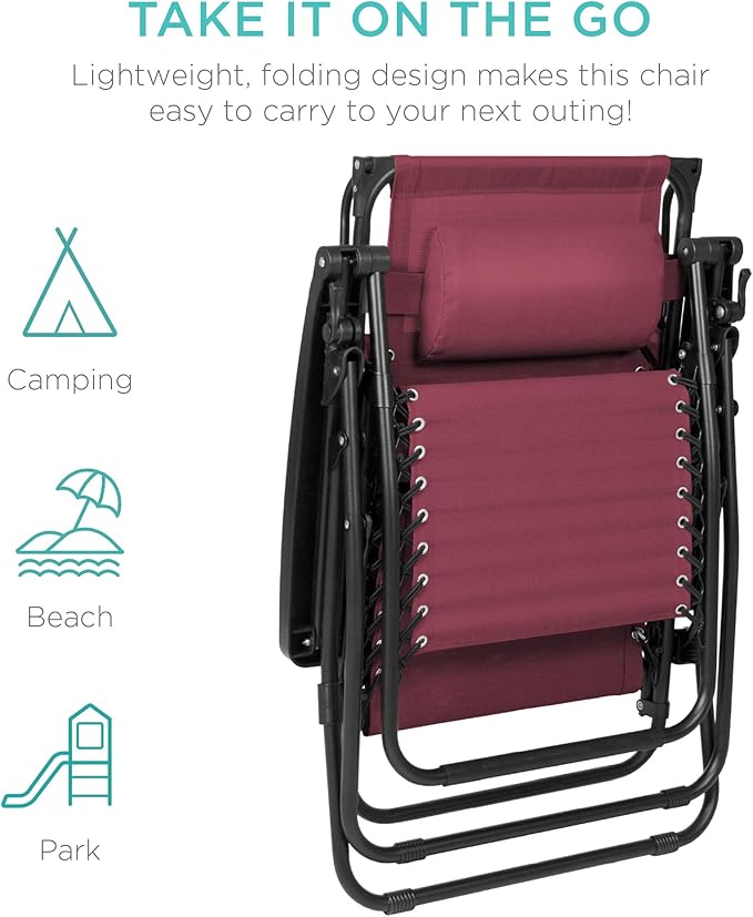 Best Choice Products Folding Zero Gravity Outdoor Recliner Patio Lounge Chair w/Adjustable Canopy Shade, Headrest, Side Accessory Tray, Textilene Mesh - Burgundy - Image 9