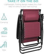 Best Choice Products Folding Zero Gravity Outdoor Recliner Patio Lounge Chair w/Adjustable Canopy Shade, Headrest, Side Accessory Tray, Textilene Mesh - Burgundy - Image 9